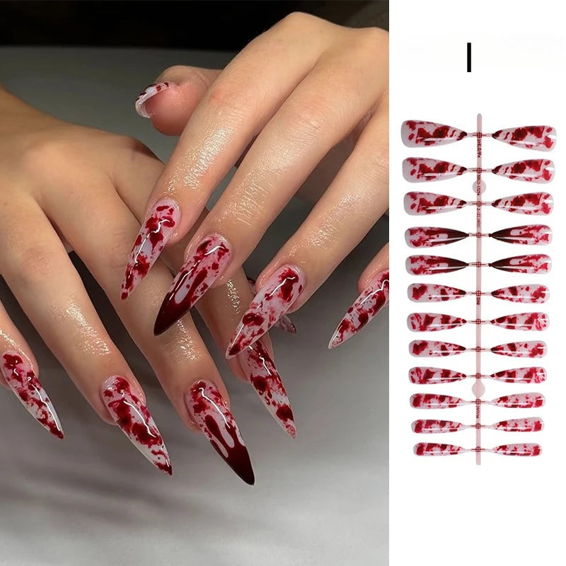 24pcs Blood Drop French Nails Set Almond Glossy Bat Decor Fake Nail Halloween Scary Punk Style Wearable Women Press False Nails