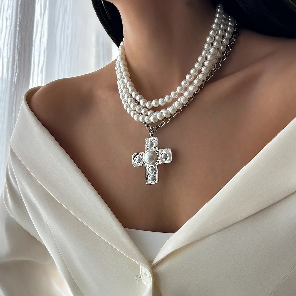 Ingemark Multilayer Imitation Pearl Chain Necklace Women Trendy 2025 Goth Big Jesus Cross Pendant Choker New Year Jewelry Gift