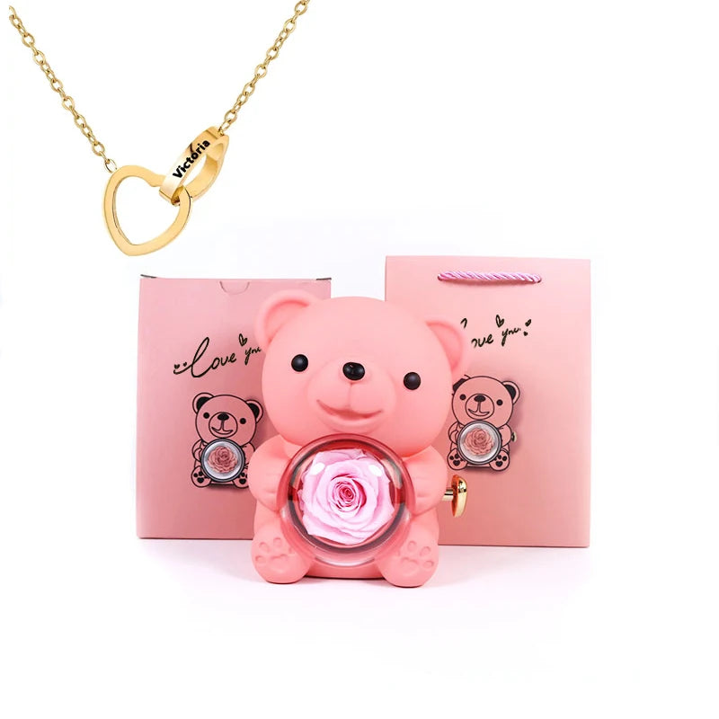 2026 Heart Engraved Name Necklace and Rotating Eternal Rose Flower Hug Bear Jewelry Box Lovely Bear  for Girl/Women