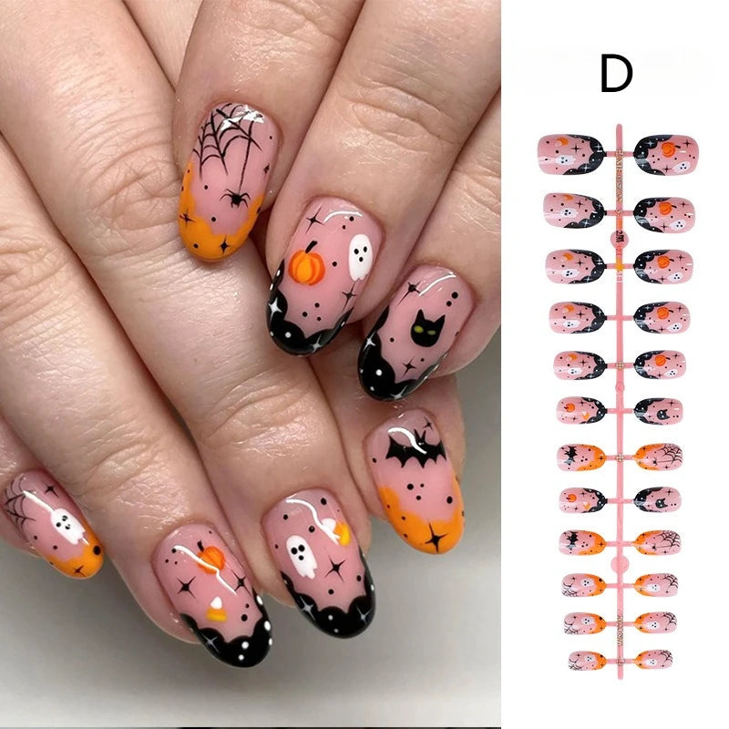 24pcs Blood Drop French Nails Set Almond Glossy Bat Decor Fake Nail Halloween Scary Punk Style Wearable Women Press False Nails