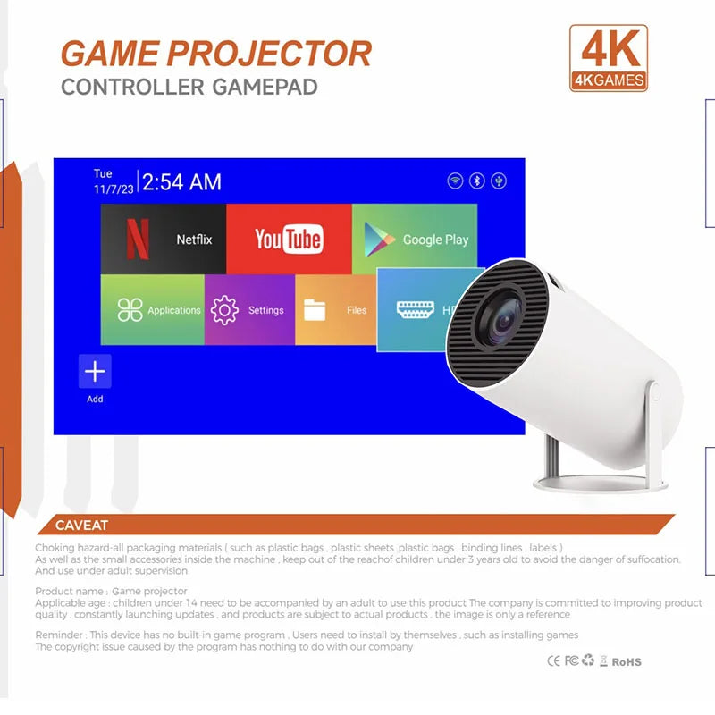 Smart Portable Projector Game projector 4K Android11.0 720P Native 1280*720P compatible with mobile phones and game controllers.