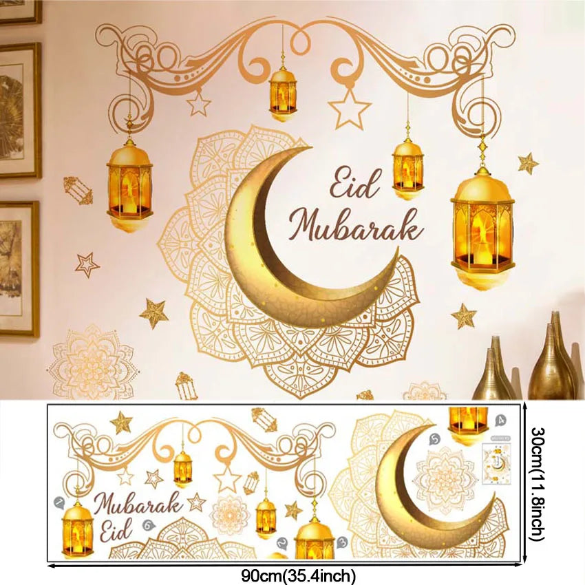 Eid Mubarak Moon Star Lantern Wall Decal 2025 Ramadan Kareem Decorations Home Wall Window Sticker Muslim Islamic Party Supplies