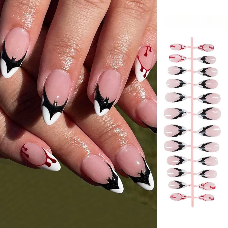 24pcs Blood Drop French Nails Set Almond Glossy Bat Decor Fake Nail Halloween Scary Punk Style Wearable Women Press False Nails