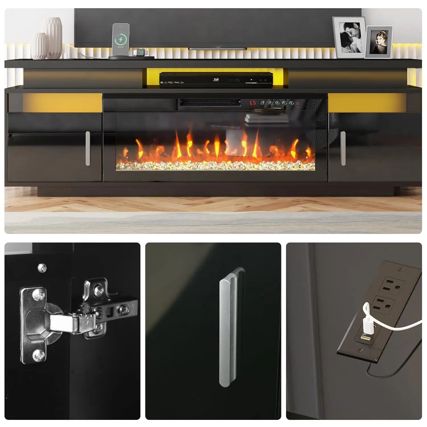 TV Stand with Fireplace, 67in Entertainment Center with Opening Shelves Modern Storage Cabinets and LED Lights, for, Customized