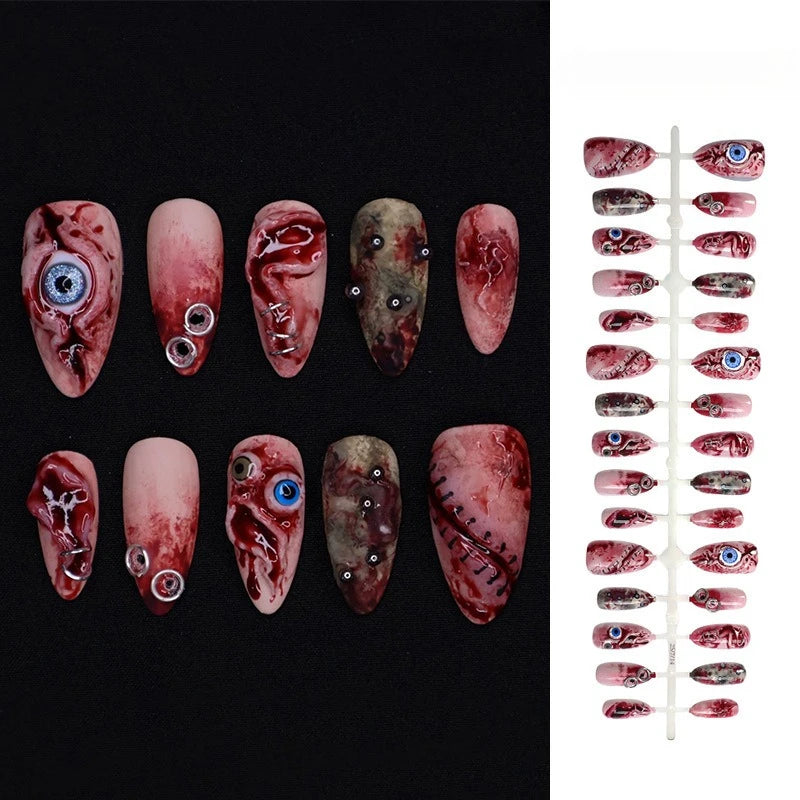 24pcs Blood Drop French Nails Set Almond Glossy Bat Decor Fake Nail Halloween Scary Punk Style Wearable Women Press False Nails