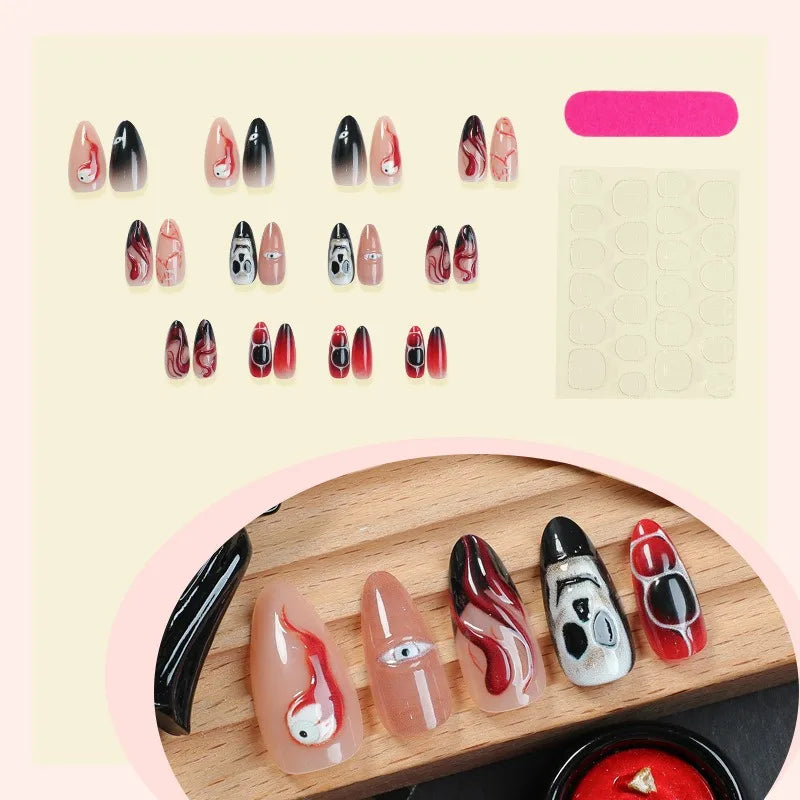 24PCS Halloween False Nails Red Gradient Skull Blood Horror Eye Pattern French Press on Nails Full Cover Wearable Fake Nails Art