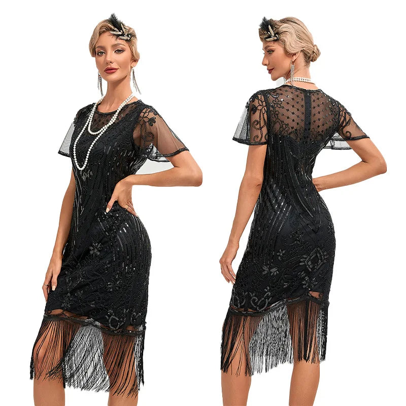1920s Flapper Dress Plus Size S-4XL Women's Fashion Vintage Great Gatsby Color Sequin Tassel 20s Party Dress Women Mesh Costume