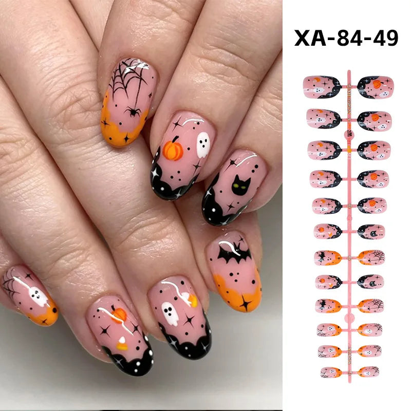 24pcs Blood Drop French Nails Set Almond Glossy Bat Decor Fake Nail Halloween Scary Punk Style Wearable Women Press False Nails