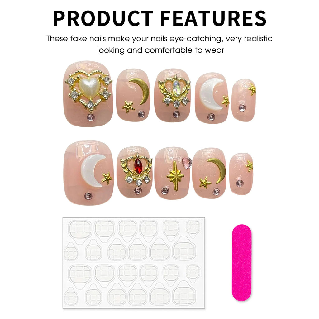 Handmade Press On Nails Golden Star Moon Decoration Short Square Round Charming Diamond False Nails Wearable Pink Fake Nails Art