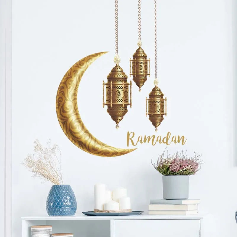 Eid Mubarak Moon Star Lantern Wall Decal 2025 Ramadan Kareem Decorations Home Wall Window Sticker Muslim Islamic Party Supplies