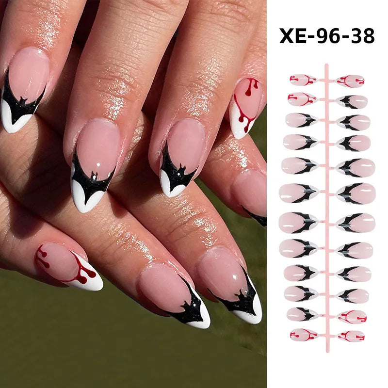 24pcs Blood Drop French Nails Set Almond Glossy Bat Decor Fake Nail Halloween Scary Punk Style Wearable Women Press False Nails