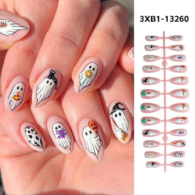 24pcs Blood Drop French Nails Set Almond Glossy Bat Decor Fake Nail Halloween Scary Punk Style Wearable Women Press False Nails