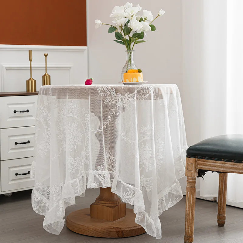 Battilo White Round Lace Tablecloth Floral Embroidered Table Cloth for Dinning Table Rectangular Table Cover for Wedding Party