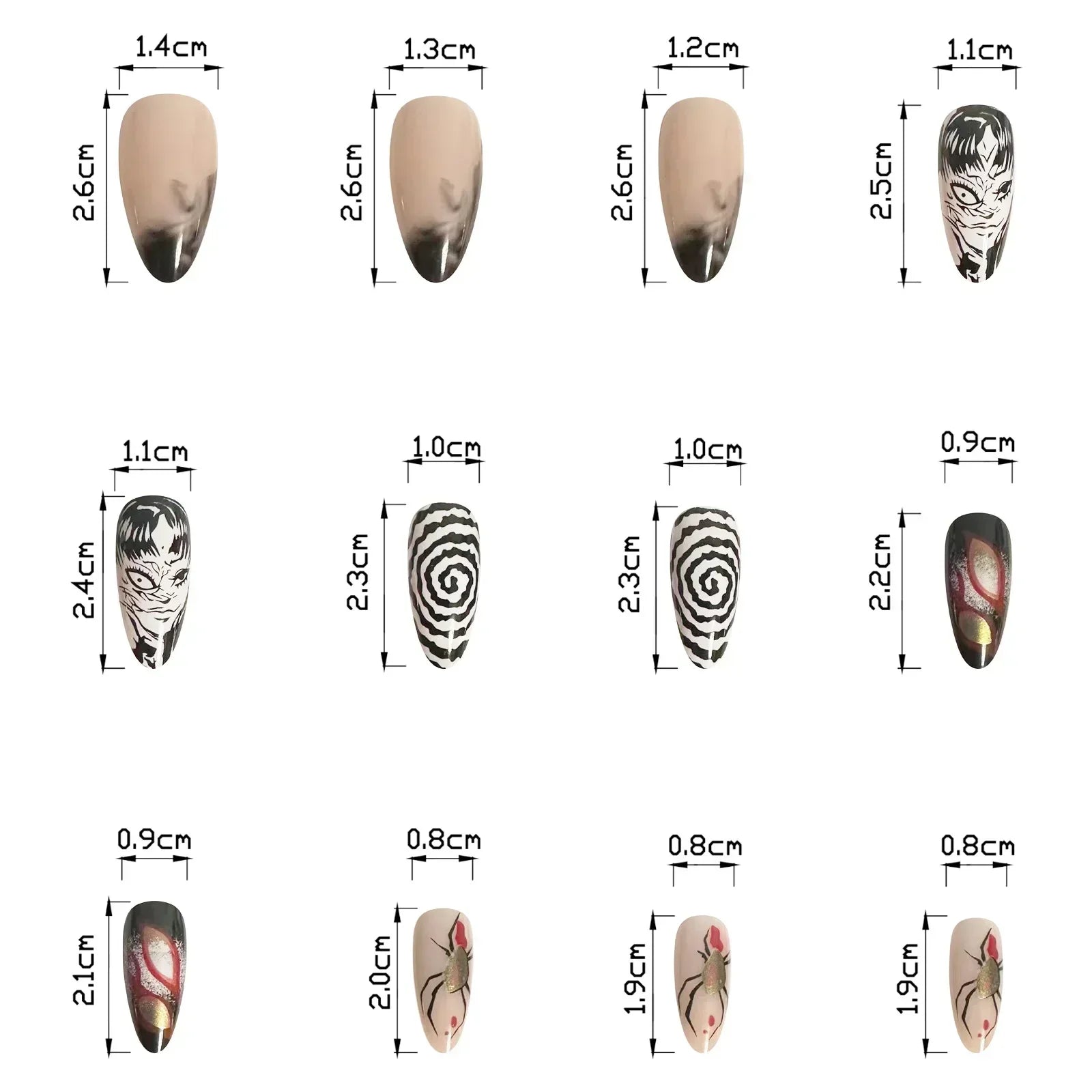 24Pcs Long pointed Halloween False Nails White Irregular Flame Stripes Nail Art Fake Nail Stickers For Women and Girls