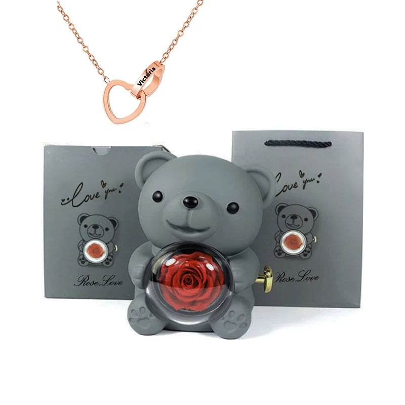 2026 Heart Engraved Name Necklace and Rotating Eternal Rose Flower Hug Bear Jewelry Box Lovely Bear  for Girl/Women