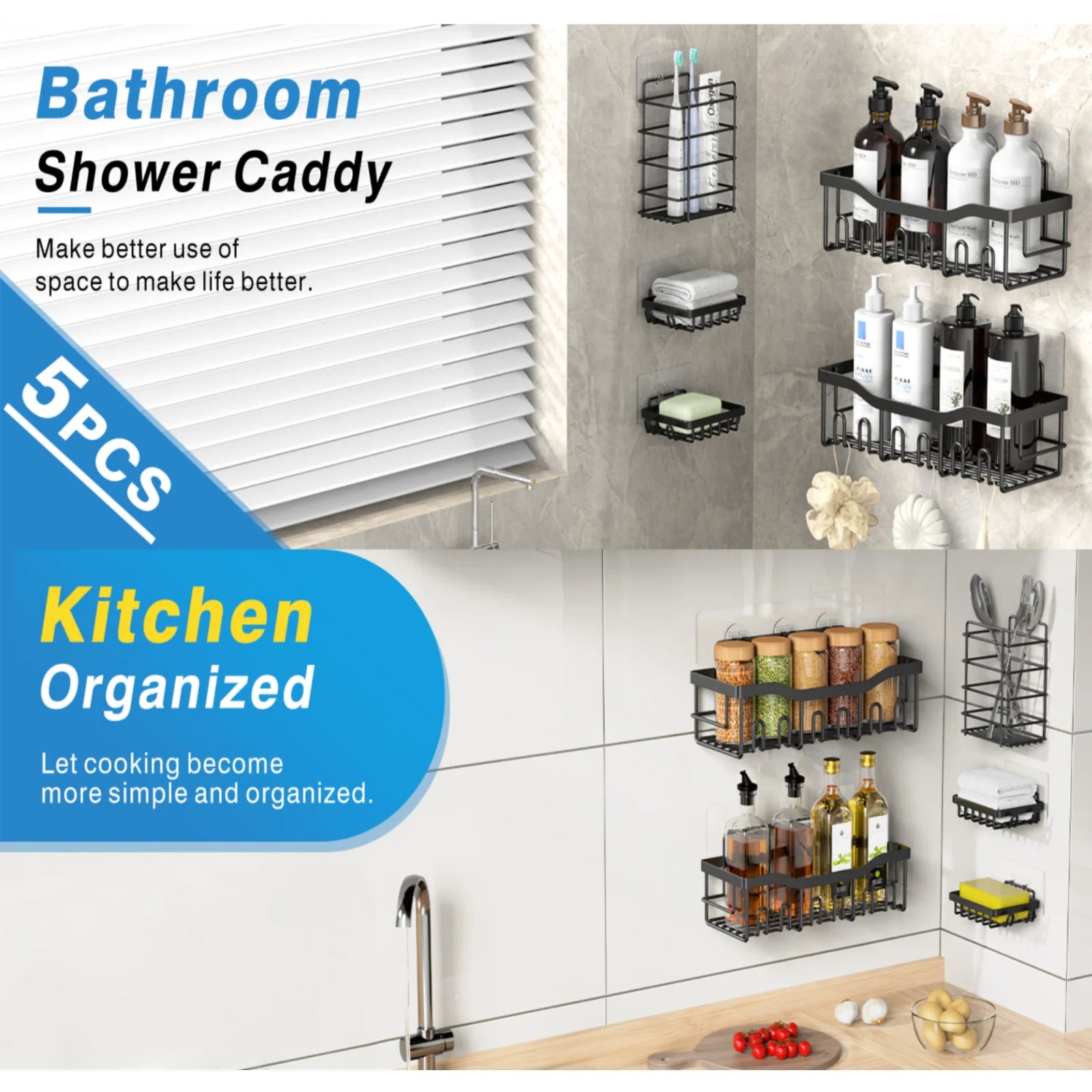 5pcs/set Adhesive Shower Caddy 5 Pack Rustproof Stainless Steel Bath Organizers With Large Capacity, No Drilling Shelves