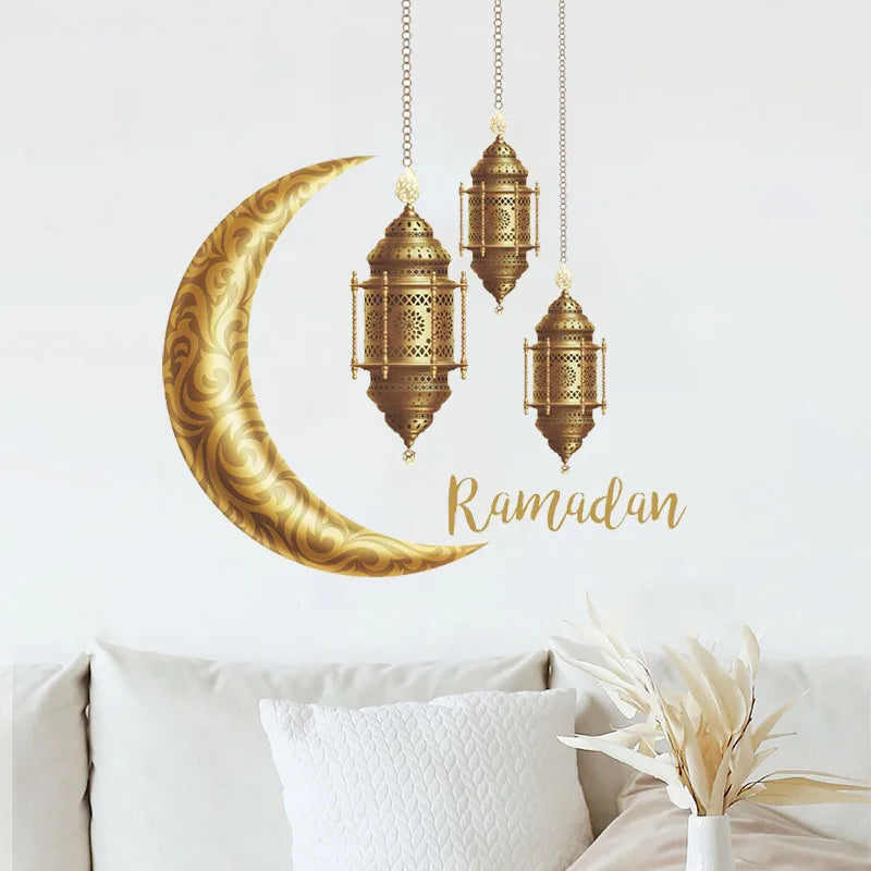 Eid Mubarak Moon Star Lantern Wall Decal 2025 Ramadan Kareem Decorations Home Wall Window Sticker Muslim Islamic Party Supplies