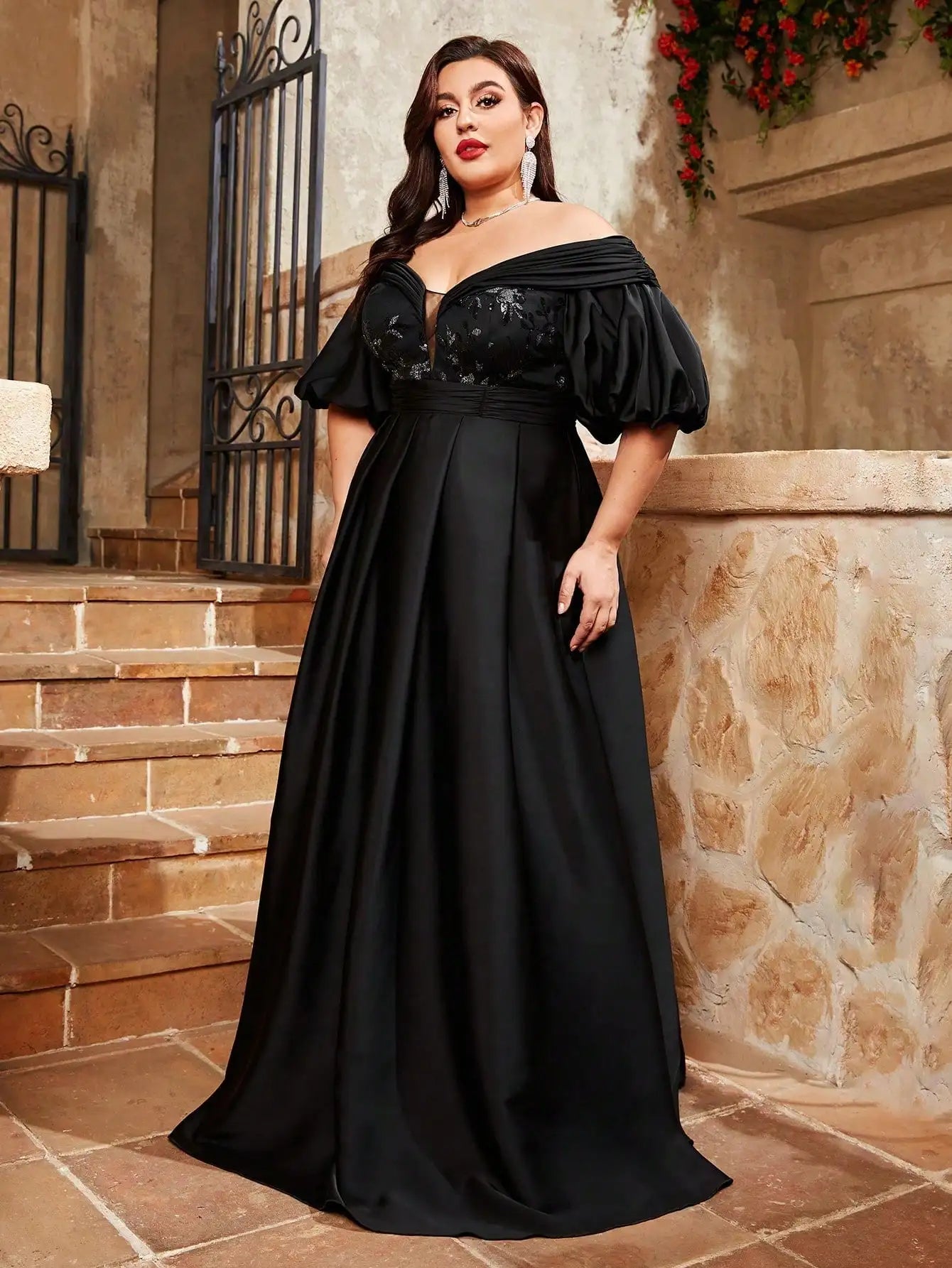 Mgiacy plus size Line neck puffy sleeve satin spliced sequin retraction long skirt Evening gown PROM dress Party dress