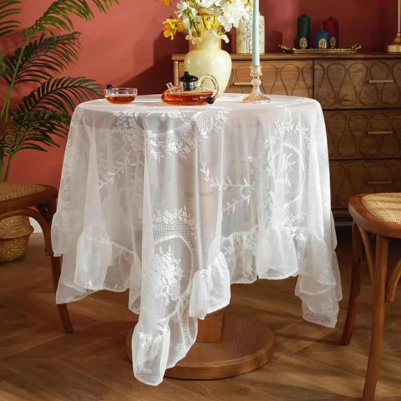 Battilo White Round Lace Tablecloth Floral Embroidered Table Cloth for Dinning Table Rectangular Table Cover for Wedding Party