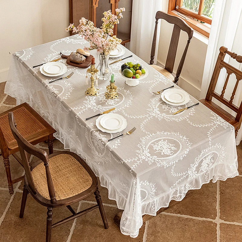Battilo White Round Lace Tablecloth Floral Embroidered Table Cloth for Dinning Table Rectangular Table Cover for Wedding Party
