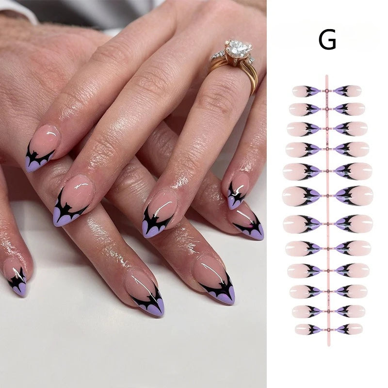24pcs Blood Drop French Nails Set Almond Glossy Bat Decor Fake Nail Halloween Scary Punk Style Wearable Women Press False Nails