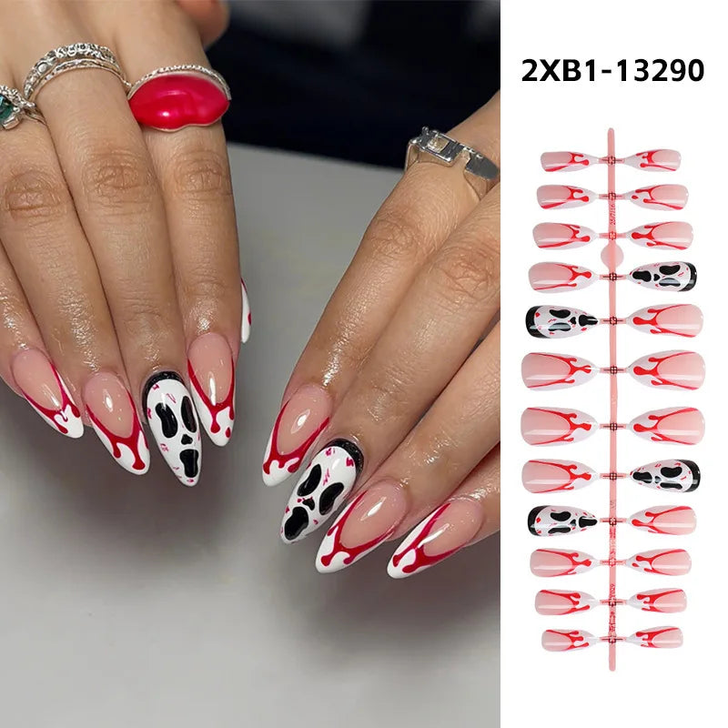 24pcs Blood Drop French Nails Set Almond Glossy Bat Decor Fake Nail Halloween Scary Punk Style Wearable Women Press False Nails