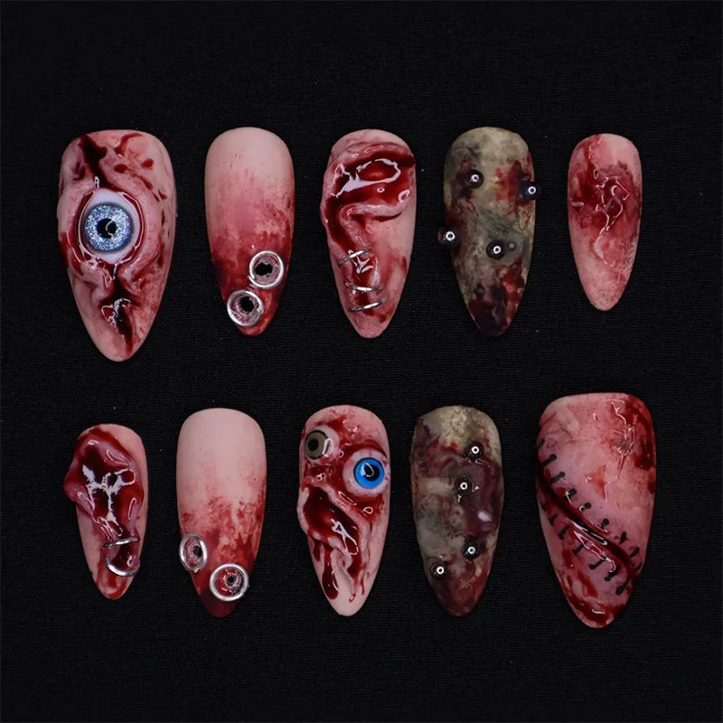 24PCS Halloween False Nails Red Gradient Skull Blood Horror Eye Pattern French Press on Nails Full Cover Wearable Fake Nails Art