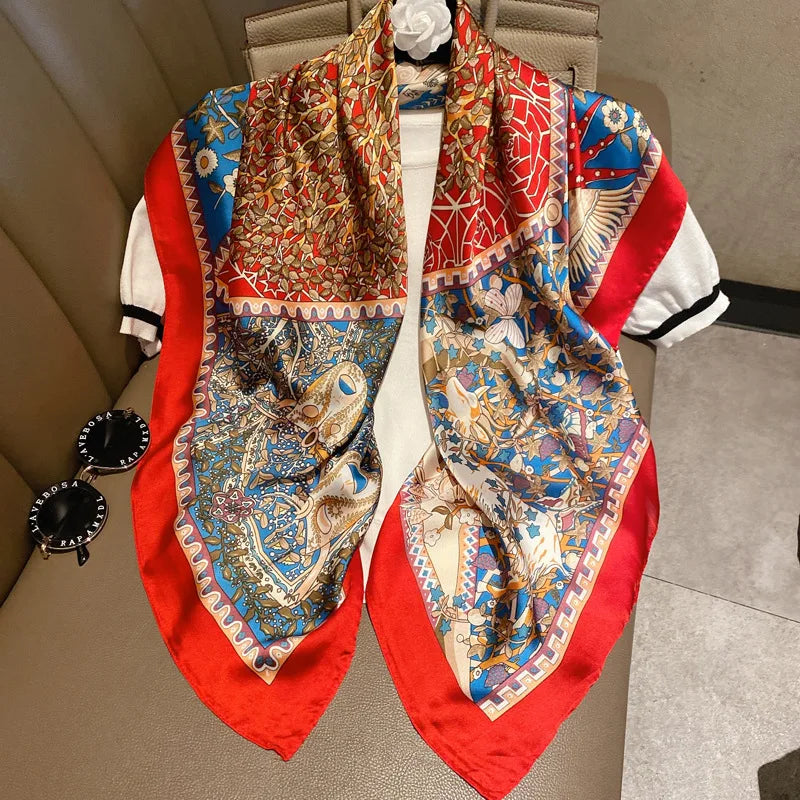 Light luxury 90 Silk scarf imitatingly printed with black and white stripes large square shawl New Year gift