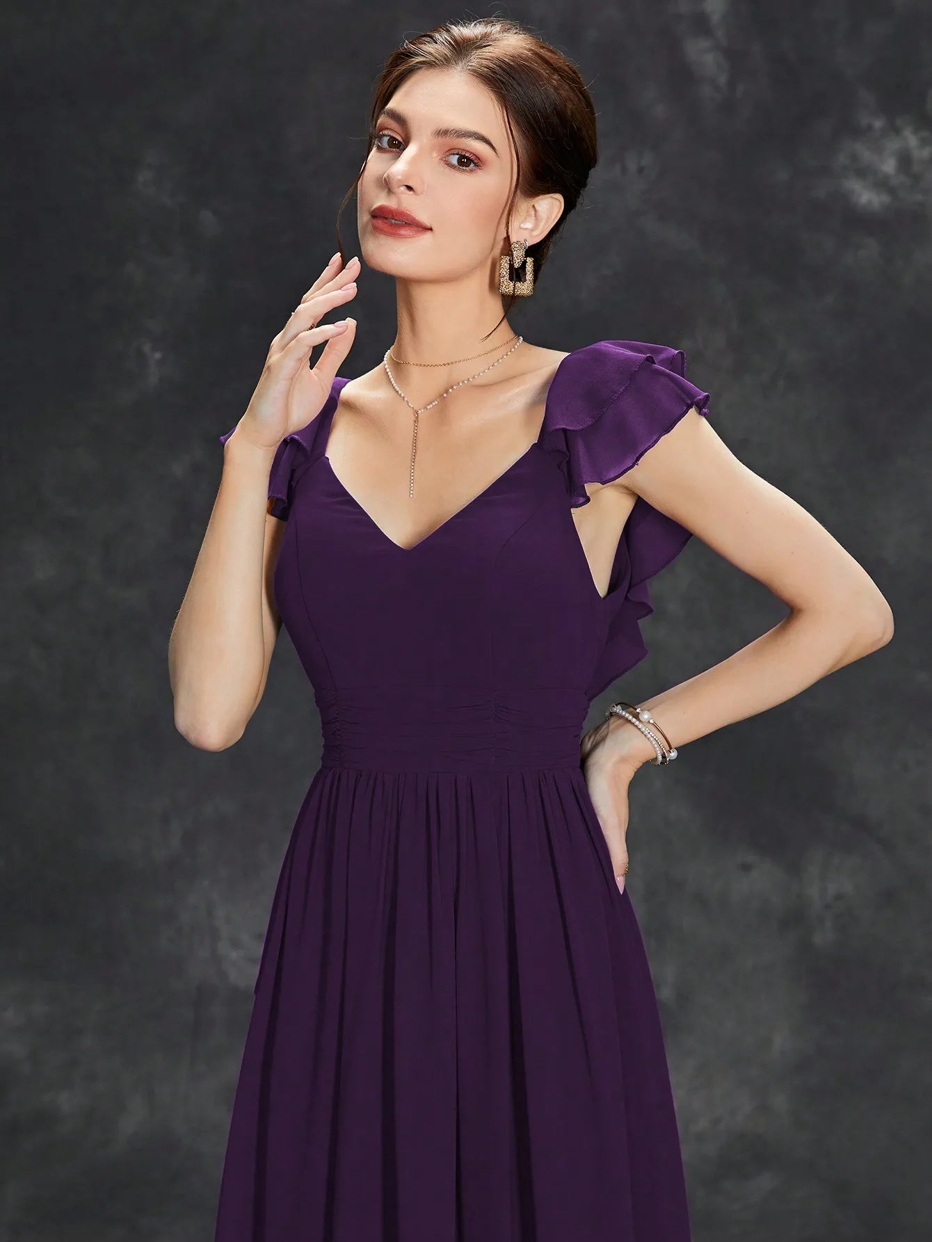 Mgiacy V-neck cap sleeve ruffle lace Extra long evening gown Ball dress Party dress Bridesmaid dress