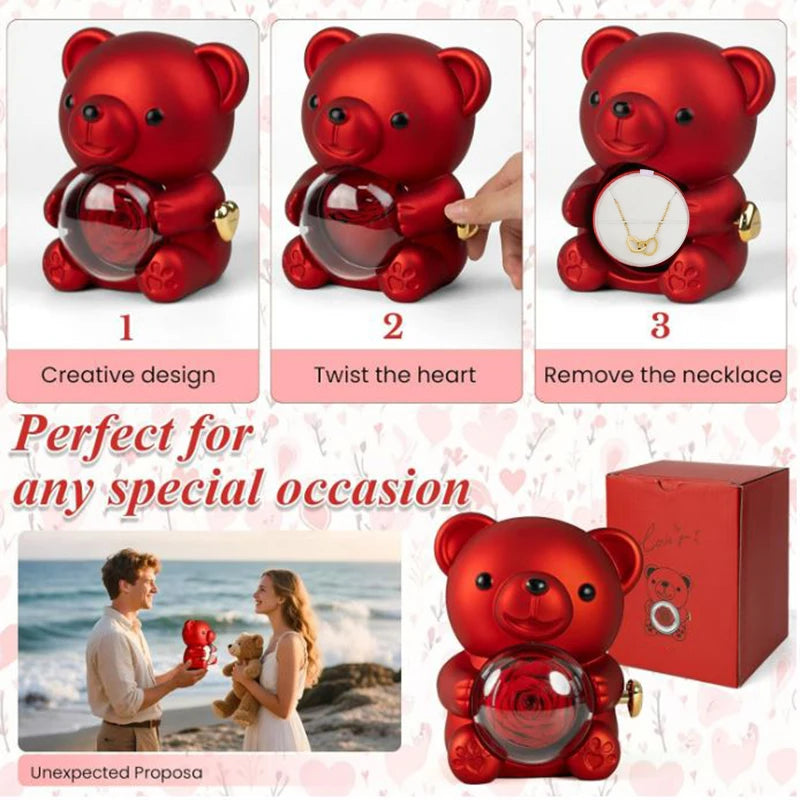 2026 Heart Engraved Name Necklace and Rotating Eternal Rose Flower Hug Bear Jewelry Box Lovely Bear  for Girl/Women