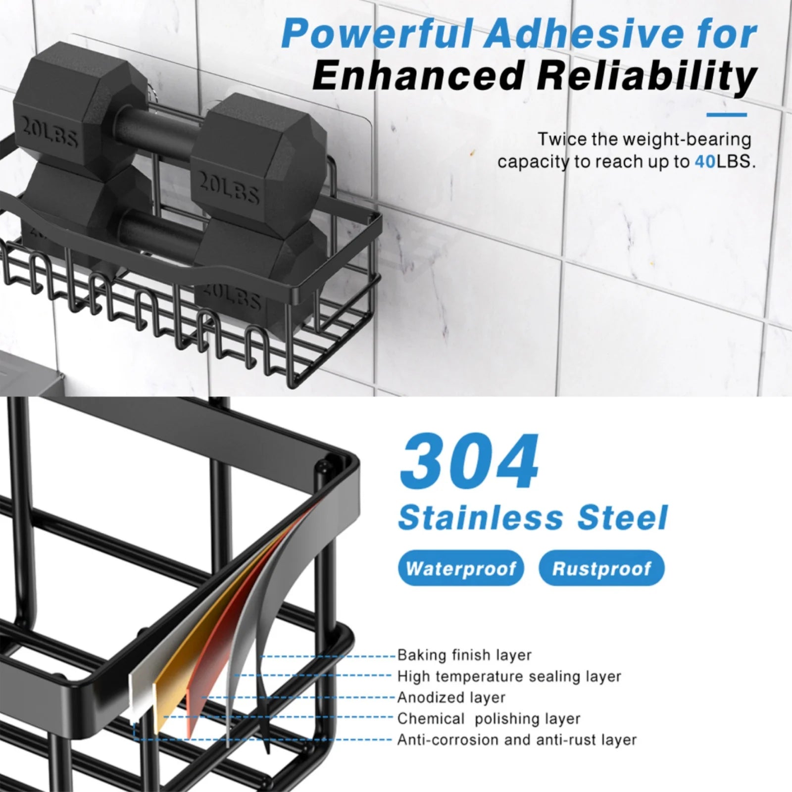 5pcs/set Adhesive Shower Caddy 5 Pack Rustproof Stainless Steel Bath Organizers With Large Capacity, No Drilling Shelves