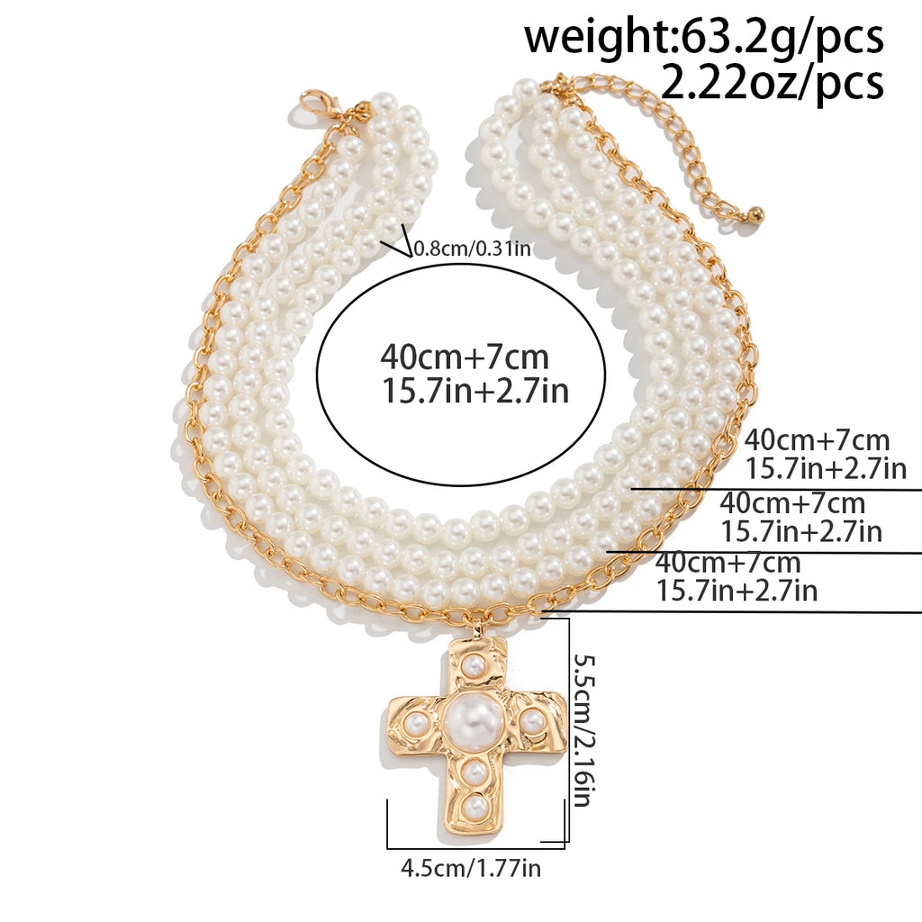 Ingemark Multilayer Imitation Pearl Chain Necklace Women Trendy 2025 Goth Big Jesus Cross Pendant Choker New Year Jewelry Gift