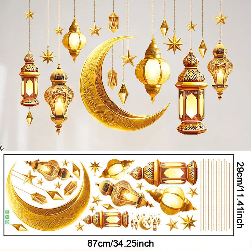 Eid Mubarak Moon Star Lantern Wall Decal 2025 Ramadan Kareem Decorations Home Wall Window Sticker Muslim Islamic Party Supplies