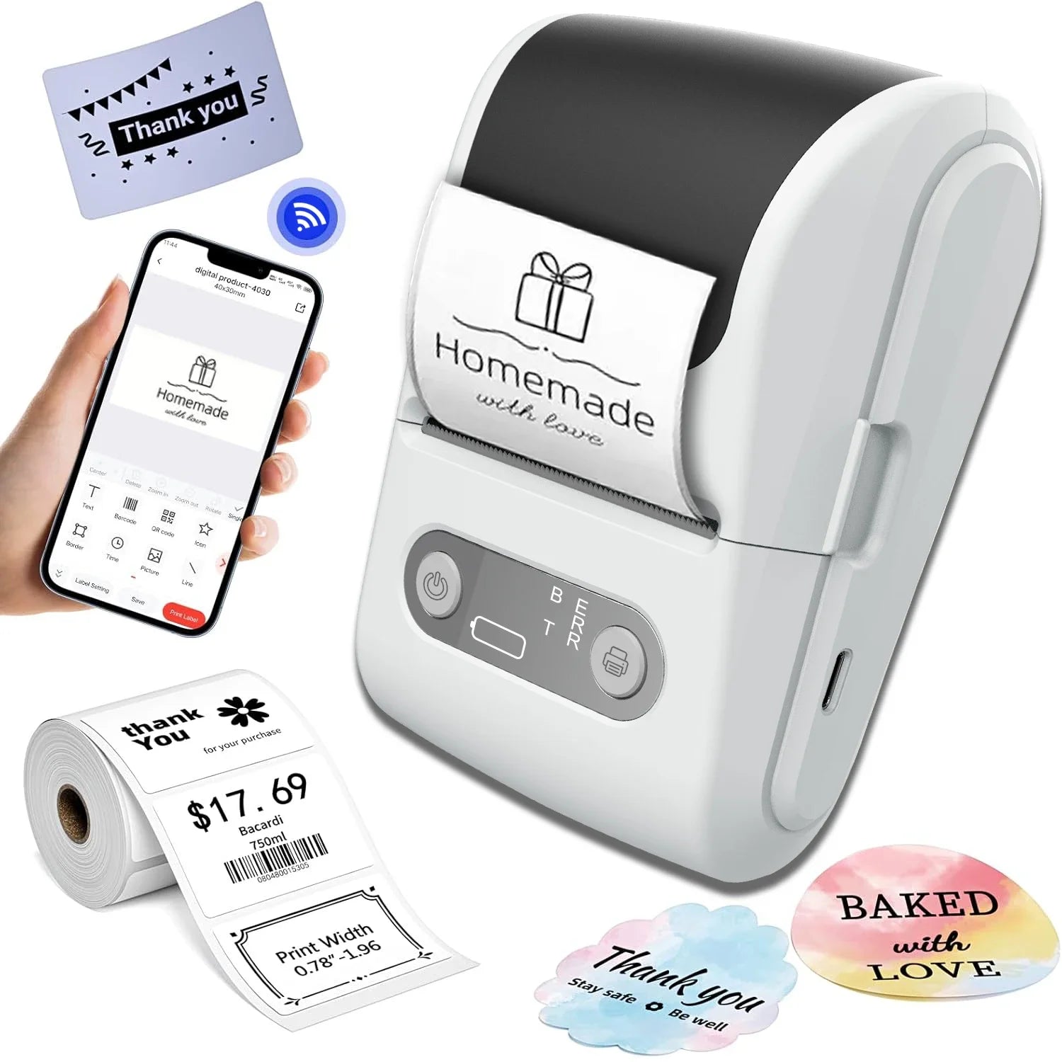 Wireless thermal label printer - suitable for printing product, address and price labels, ink-free, easy to use with smartphones
