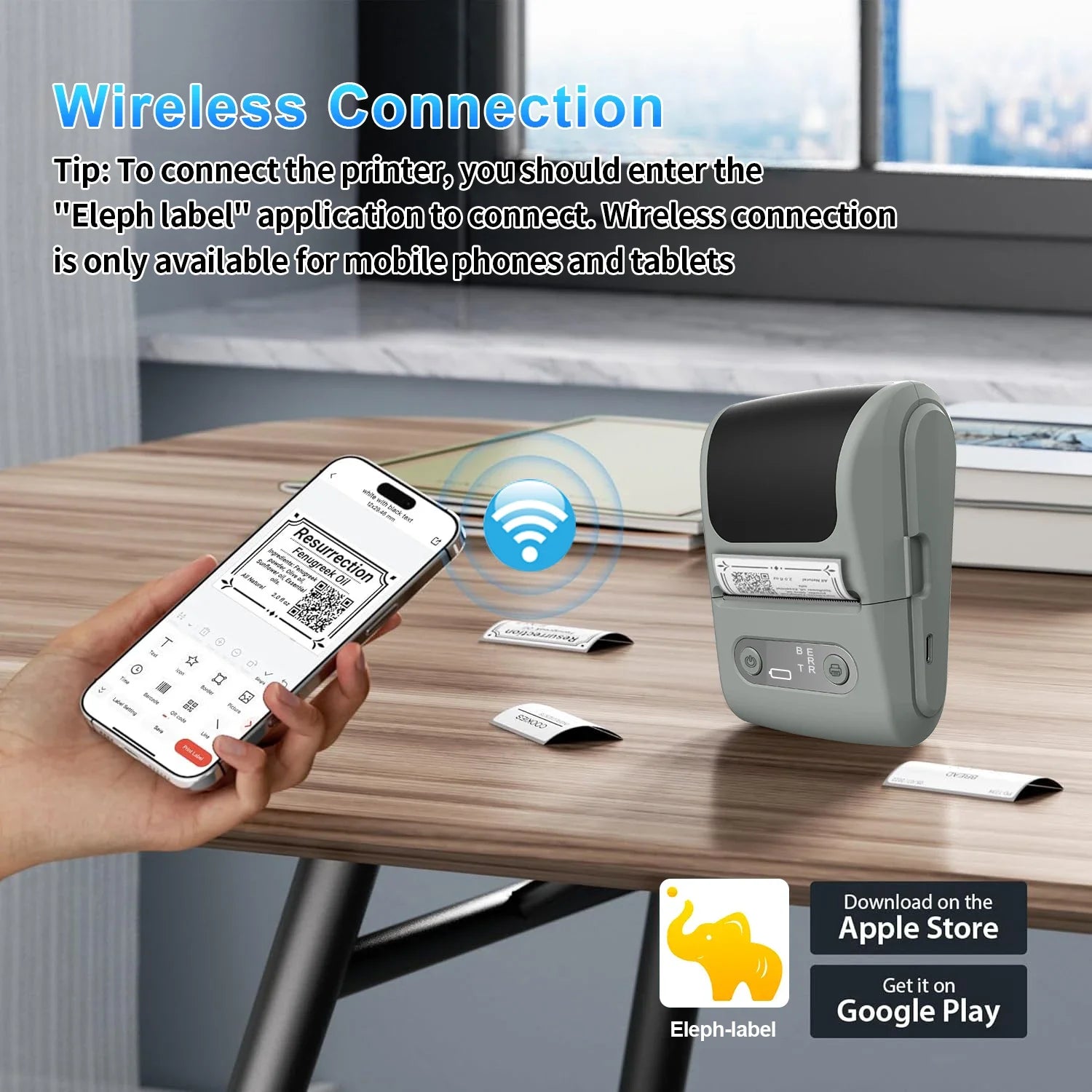 Wireless thermal label printer - suitable for printing product, address and price labels, ink-free, easy to use with smartphones