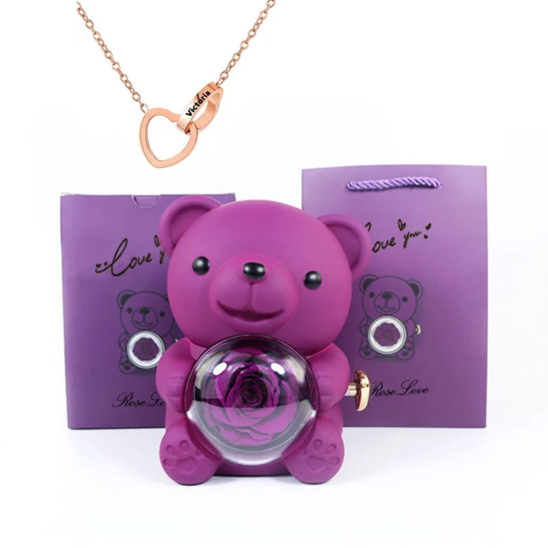 2026 Heart Engraved Name Necklace and Rotating Eternal Rose Flower Hug Bear Jewelry Box Lovely Bear  for Girl/Women
