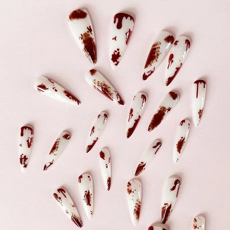 24Pcs Long pointed Halloween False Nails White Irregular Flame Stripes Nail Art Fake Nail Stickers For Women and Girls