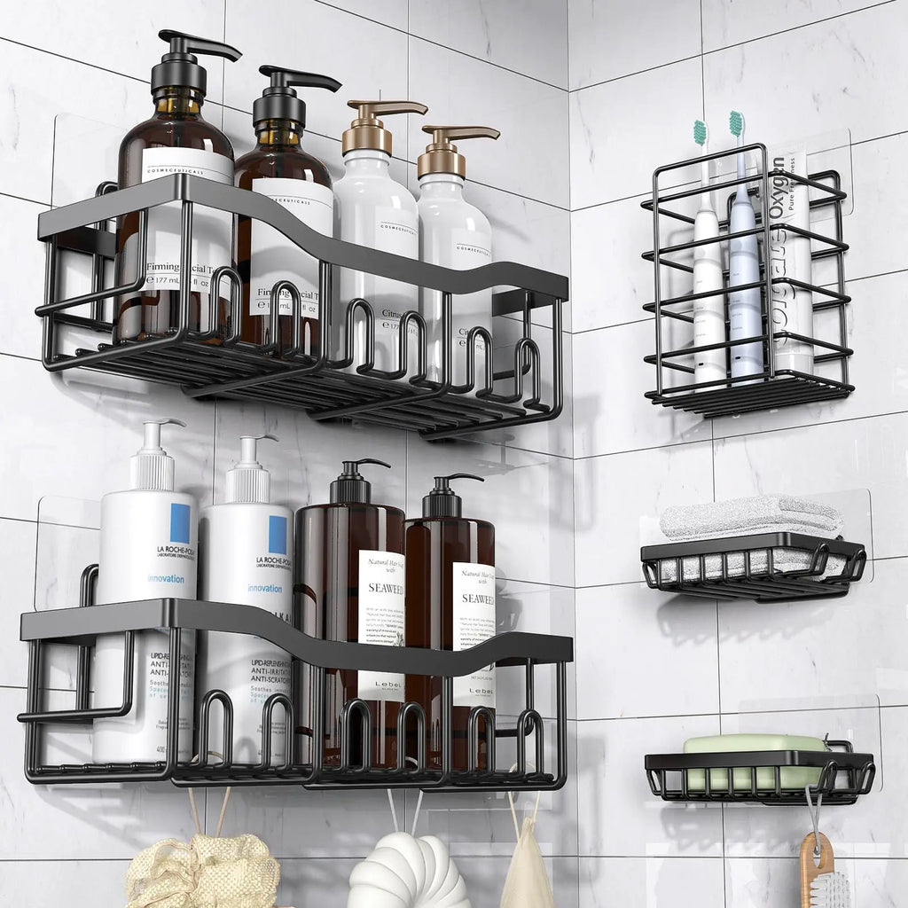 5pcs/set Adhesive Shower Caddy 5 Pack Rustproof Stainless Steel Bath Organizers With Large Capacity, No Drilling Shelves