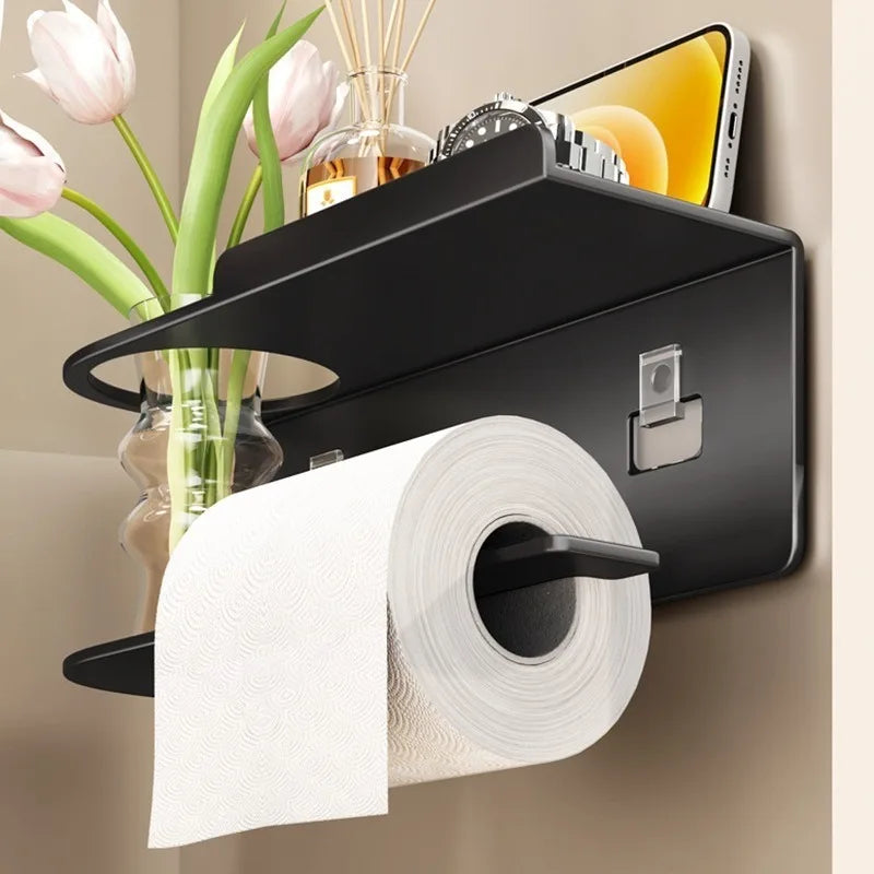 Wall-Mounted Bathroom Toilet Paper Holder with Roll Dispenser and Storage Shelf – Space-Saving Organizer for Home Restroom