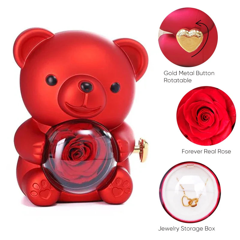 2026 Heart Engraved Name Necklace and Rotating Eternal Rose Flower Hug Bear Jewelry Box Lovely Bear  for Girl/Women