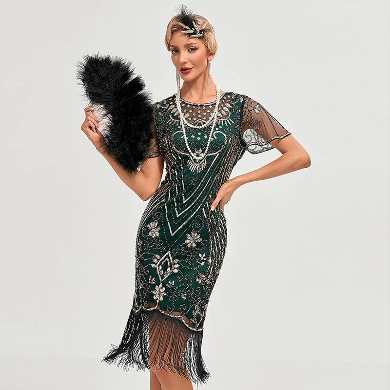 1920s Flapper Dress Plus Size S-4XL Women's Fashion Vintage Great Gatsby Color Sequin Tassel 20s Party Dress Women Mesh Costume