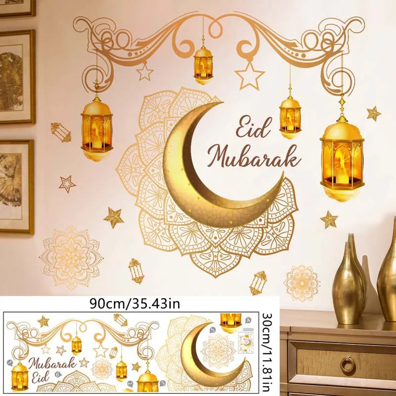 Eid Mubarak Moon Star Lantern Wall Decal 2025 Ramadan Kareem Decorations Home Wall Window Sticker Muslim Islamic Party Supplies
