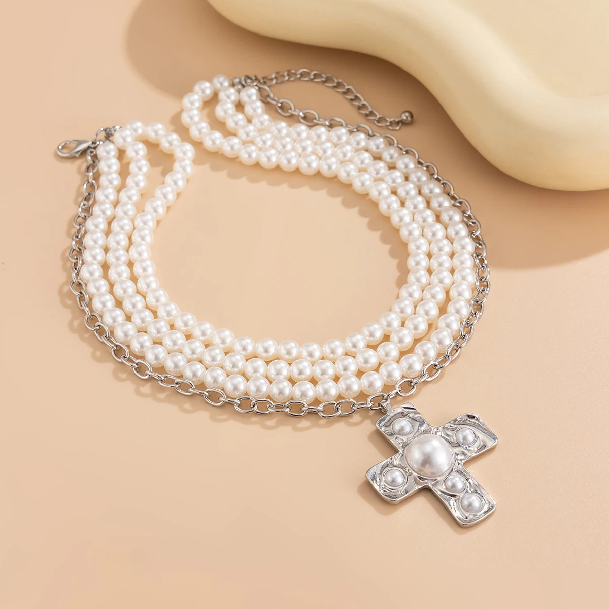 Ingemark Multilayer Imitation Pearl Chain Necklace Women Trendy 2025 Goth Big Jesus Cross Pendant Choker New Year Jewelry Gift