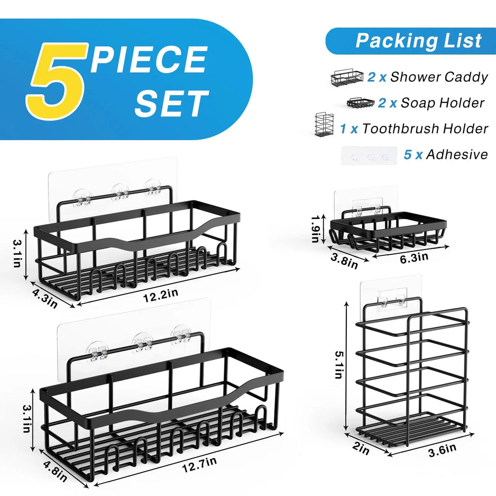5pcs/set Adhesive Shower Caddy 5 Pack Rustproof Stainless Steel Bath Organizers With Large Capacity, No Drilling Shelves