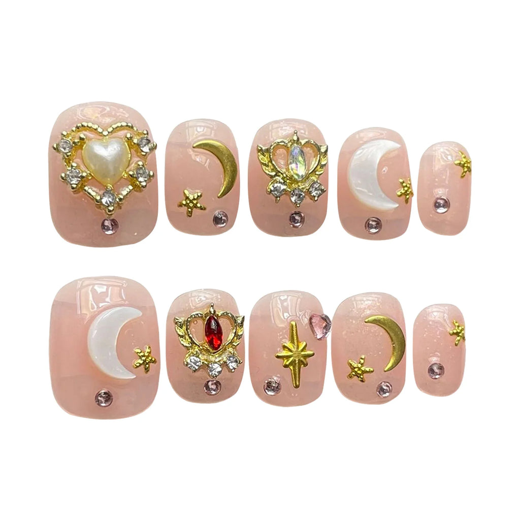 Handmade Press On Nails Golden Star Moon Decoration Short Square Round Charming Diamond False Nails Wearable Pink Fake Nails Art