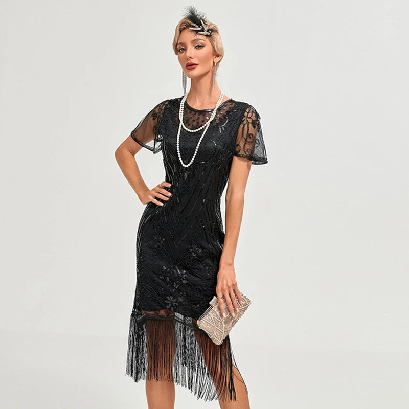 1920s Flapper Dress Plus Size S-4XL Women's Fashion Vintage Great Gatsby Color Sequin Tassel 20s Party Dress Women Mesh Costume
