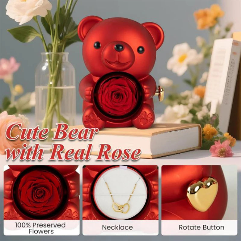 2026 Heart Engraved Name Necklace and Rotating Eternal Rose Flower Hug Bear Jewelry Box Lovely Bear  for Girl/Women