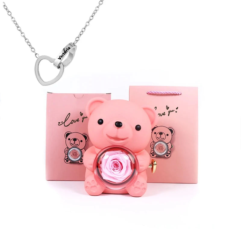 2026 Heart Engraved Name Necklace and Rotating Eternal Rose Flower Hug Bear Jewelry Box Lovely Bear  for Girl/Women