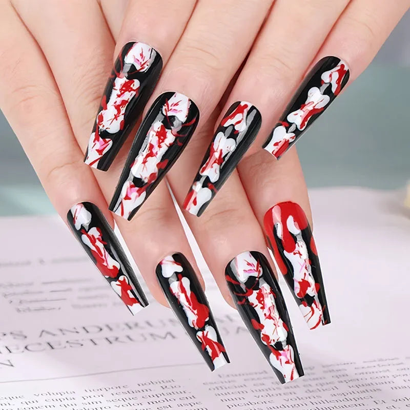 24Pcs Long pointed Halloween False Nails White Irregular Flame Stripes Nail Art Fake Nail Stickers For Women and Girls