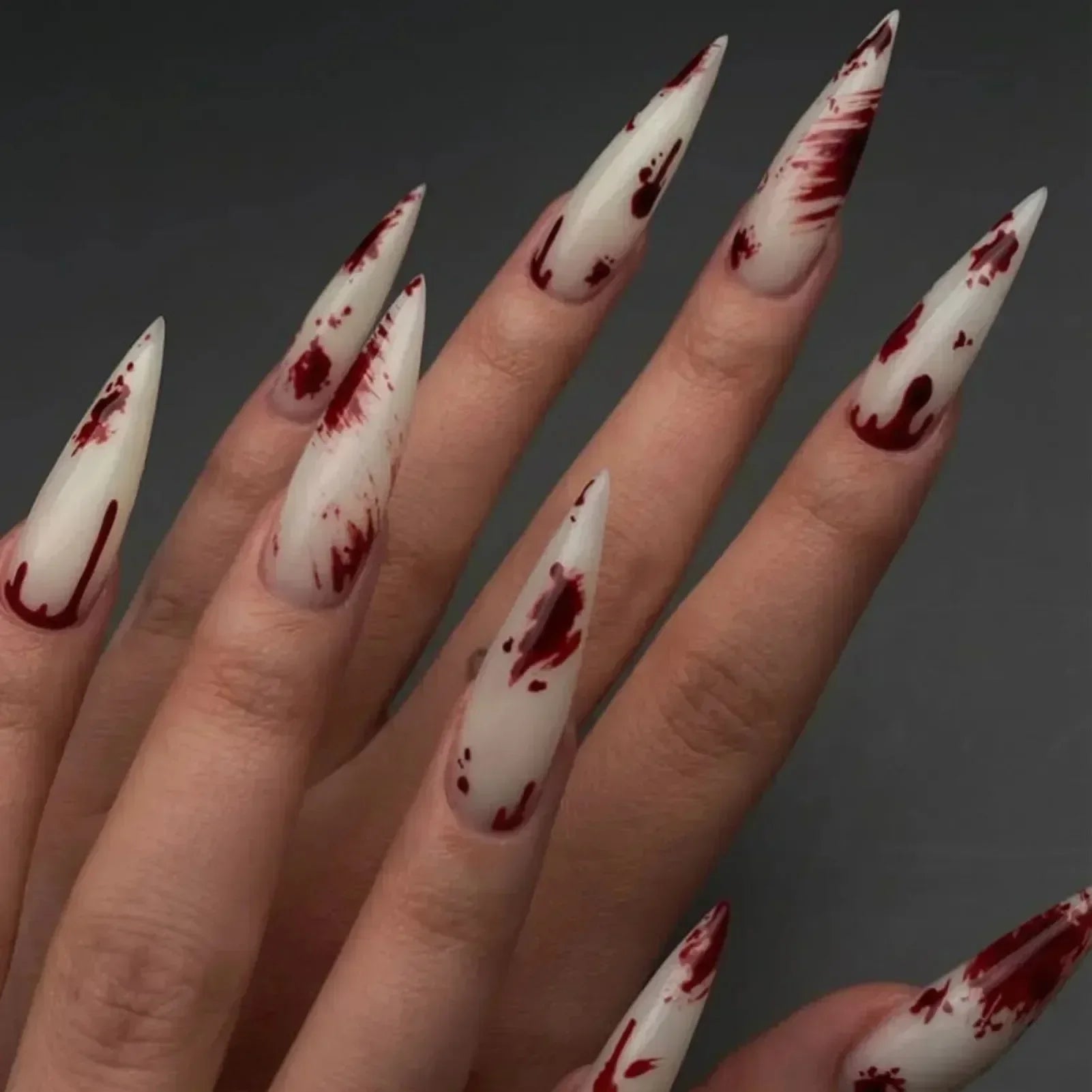 24Pcs Long pointed Halloween False Nails White Irregular Flame Stripes Nail Art Fake Nail Stickers For Women and Girls